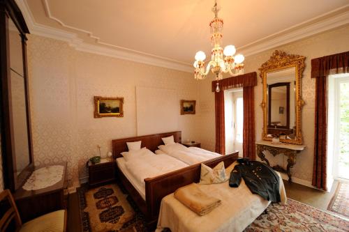 a bedroom with a bed and a mirror and a chandelier at Hotel Villa Grunewald in Bad Nauheim