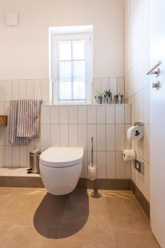 a white toilet in a bathroom with a window at alte Molkerei in Lindern