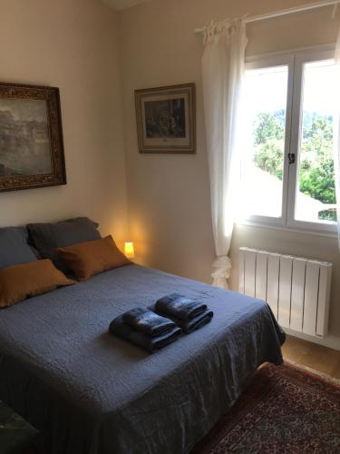 um quarto com uma cama com duas toalhas em Maison au pied des ocres em Roussillon