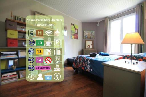 Disponible - Appartement Entier - Ligne H 15mn Paris-Gare du Nord, Parking Rue Gratuit, 4 pers, Station de Train en Face toutes les 15mn, Hippodrome, CDFAS, Université, Borne Electrique, 1er étage - Housity