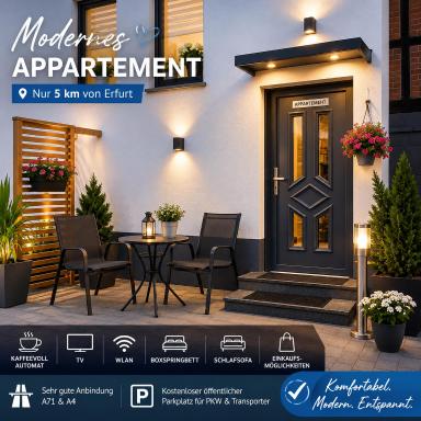 Modernes Appartement nur 5 km von Erfurt, stilvoll komfortabel und perfekt angebunden, Kaffeevollautomat, TV, WLAN, Schlafsofa und Einkaufsmöglichkeiten in der Nähe, hervorragende Anbindung zur A4 und A71, kostenlose öff Parkplätze für PKW und Transporter - Housity