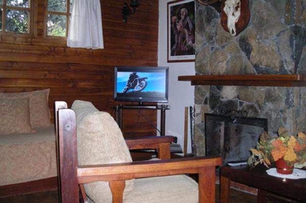 sala de estar con TV y chimenea en Cabañas Luz de Luna en San Martín de los Andes
