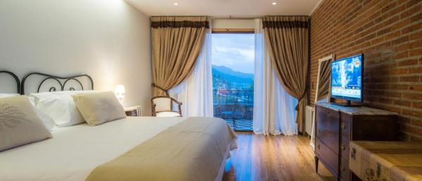 1 dormitorio con 1 cama, TV y ventana en Paraíso Casa de Montaña en San Martín de los Andes