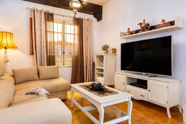 sala de estar con TV, sofá y mesa en HSH Suites Barrio Santa Cruz, en Sevilla