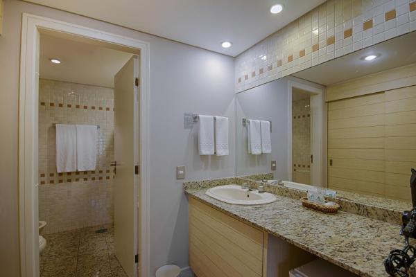 a bathroom with a sink and a mirror and a shower at Victoria Villa Curitiba in Curitiba