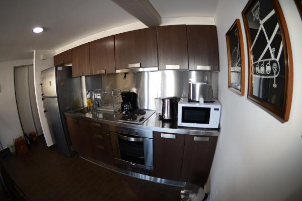 una cocina con refrigerador y microondas en Ushuaia Flat I de Ushuaia