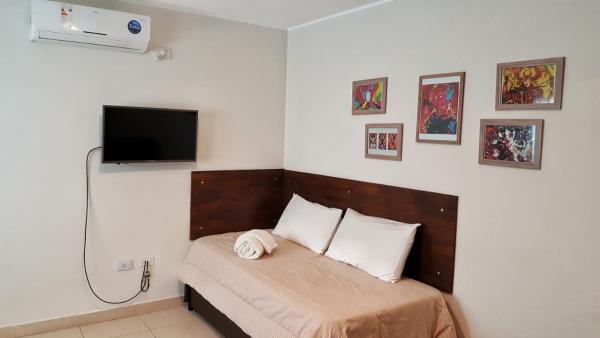 1 dormitorio con 1 cama y TV en la pared en Carnaval p/6 - 2 dorm - Amplio y a 5' del centro en Salta