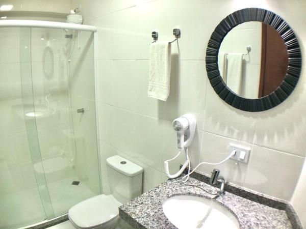 a bathroom with a sink and a toilet and a mirror at Terrazas Hotel in Curitiba