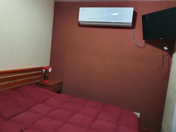 1 dormitorio con 1 cama y aire acondicionado en la pared en Lago del bosque en Mar de las Pampas