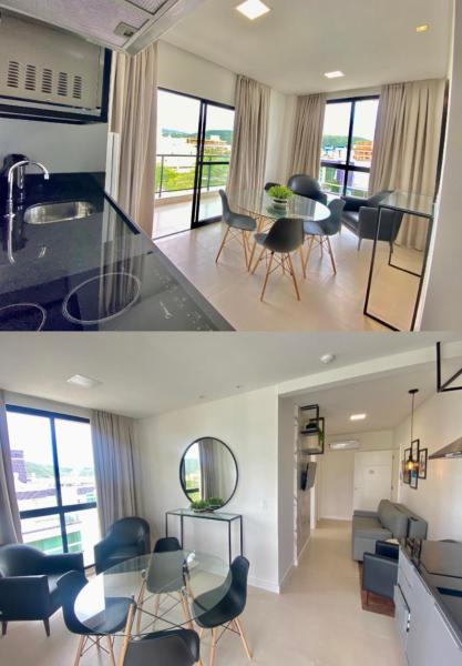 2 imágenes de una sala de estar y un comedor en HY Apart Hotel, en Bombinhas