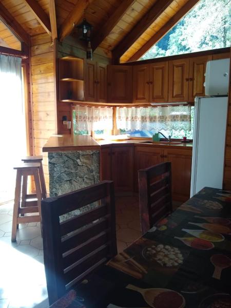 cocina con armarios de madera, mesa y refrigerador en Tu Casa en San Martín de los Andes en San Martín de los Andes