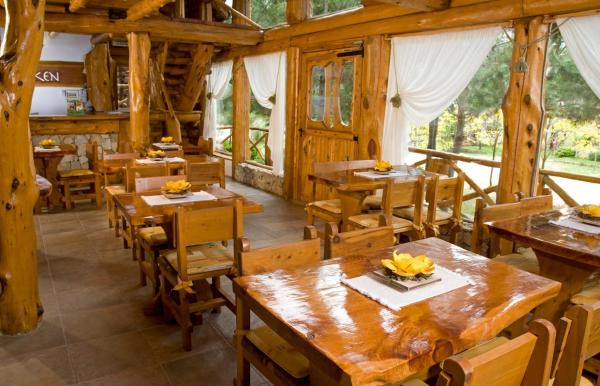 comedor con mesas y sillas de madera en Pillmayken Apart&Spa Mar de las Pampas en Mar de las Pampas