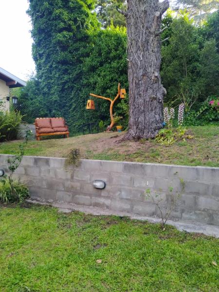 un árbol y un banco sentados junto a un árbol en Gorriones Libres de Villa Gesell