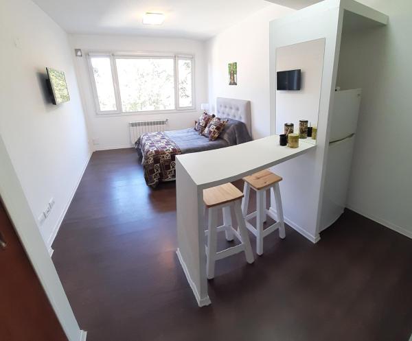 Habitación pequeña con cocina y sala de estar.  en Departamento en Barrio Centrico Bariloche (PE) en San Carlos de Bariloche