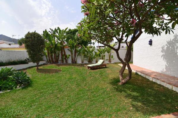 un jardín con un banco y un árbol en un patio en Villa Isabelita, en Torremolinos