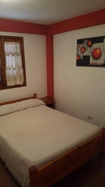 1 dormitorio con 1 cama y una pintura en la pared en Departamentos Centro, en Mina Clavero