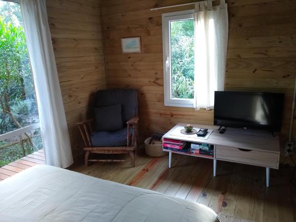 1 dormitorio con 1 cama, TV y silla en Cabaña Junco en Mar de las Pampas