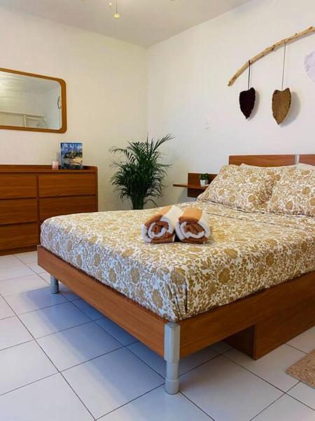 Un dormitorio con cama con dos donuts.  en BELL ESTUDIO EN EL CENTRO Y CORAZÓN DE CANCUN, en Cancún