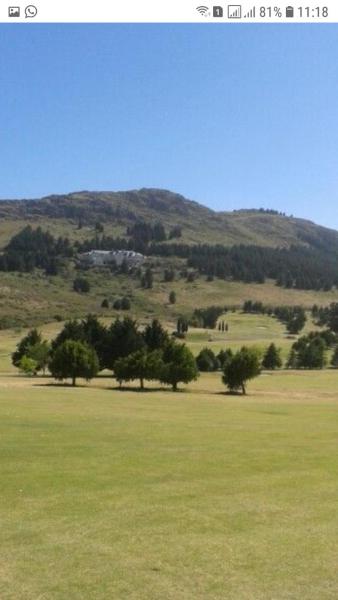 un campo verde con árboles y una colina al fondo en Tandil Centro en Tandil