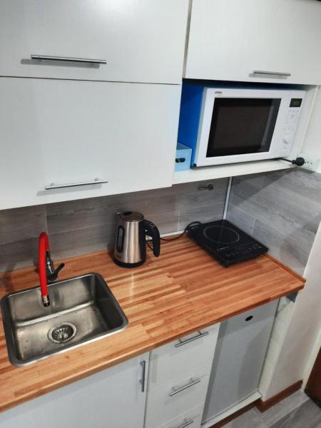 una pequeña cocina con fregadero y microondas en Amb Libertador en Buenos Aires