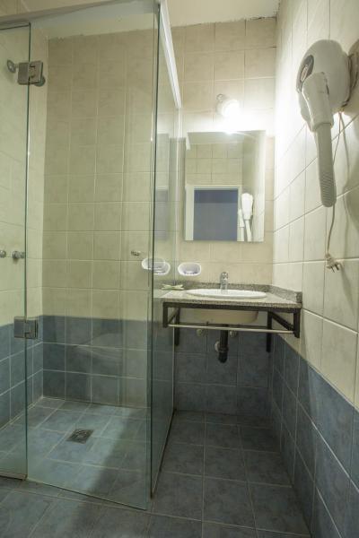 y baño con ducha, lavabo y espejo. en Boutique Apartments Plaza Dorrego en Buenos Aires