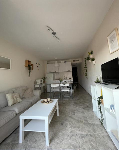 sala de estar con sofá y mesa en Luminoso y coqueto apartamento en Málaga, en Málaga