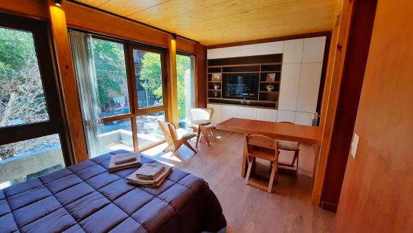 1 dormitorio con 1 cama y escritorio en una habitación en Hermoso monoambiente en el centro de SMA, muy cálido y modernoso V407 en San Martín de los Andes