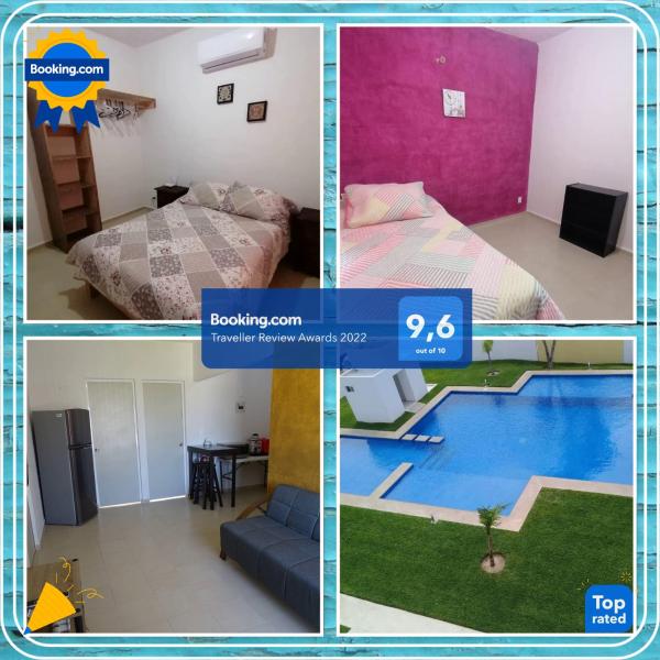 un collage de tres fotos de un dormitorio y una piscina en Departamento Vacacional Sammy, en Playa del Carmen