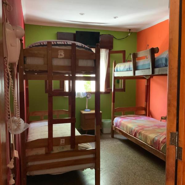 una pequeña habitación con cama y escritorio en el Hostal Las Grullas de Villa Gesell