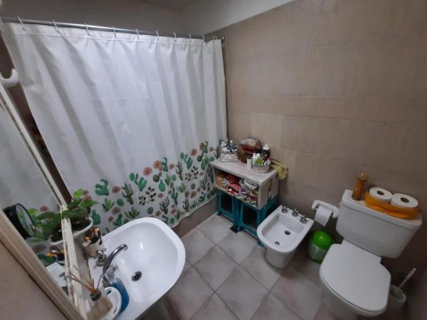 y baño con lavabo, aseo y cortina de ducha. en Franca del mar -casa compartida- en Puerto Madryn