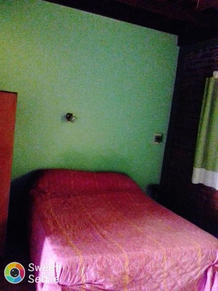 1 dormitorio con cama roja y pared verde en Wonderful en Puerto Iguazú