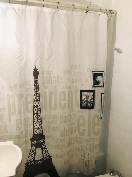 Baño con cortina de ducha con la torre Eiffel en Apartamentos Paraguay Soleado Excelente Ubicacion en Buenos Aires