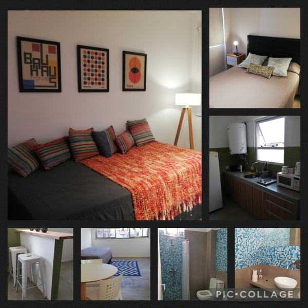 un collage de fotos de un dormitorio con cama en Excelente departamento en San Telmo en Buenos Aires