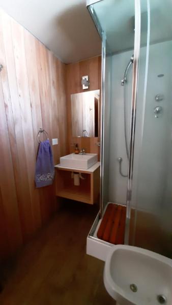y baño con lavabo, ducha y aseo. en Monoambiente de diseño único, muy cálido y bien ubicado. 18V2 en San Martín de los Andes