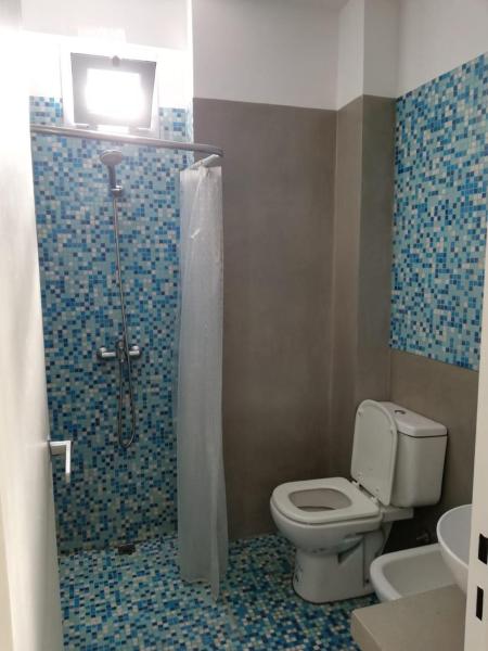 y baño con aseo y ducha con azulejos azules. en Excelente departamento en San Telmo en Buenos Aires