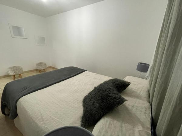 un animal negro acostado en una cama en un dormitorio en Hermoso y amplio departamento amoblado en Salta