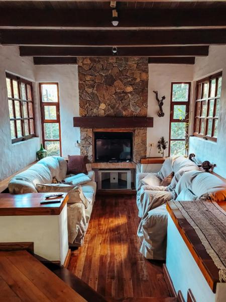 una sala de estar con sofás y una chimenea de piedra. en Cabaña La Tranquila en San Martín de los Andes