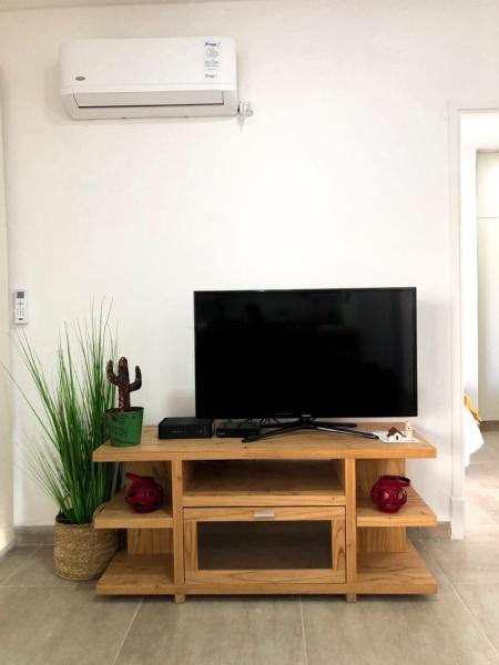 TV en un soporte de madera en la sala de estar en Dpto a estrenar en zona exclusiva en Mendoza