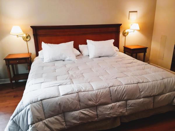 1 cama grande con almohadas blancas y 2 luces en Estudio / monoambiente ubicación privilegiada, en Mendoza