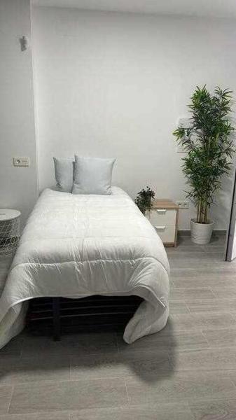 1 dormitorio con 1 cama con edredón blanco en Balneario Pedregalejo Loft C, en Málaga