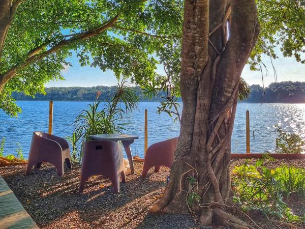 una mesa y sillas bajo un árbol junto a un lago en La Casa Del Lago URUGUA-Í en Puerto Iguazú