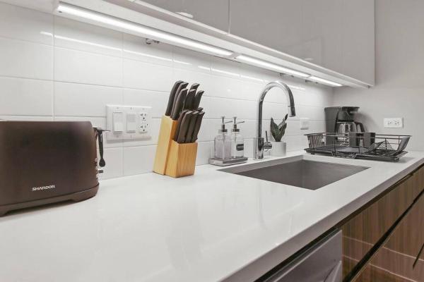 cocina con fregadero y encimera en 2BR Well-Equipped Apartment with Laundry and Wi-Fi - Crosby 205, en Chicago