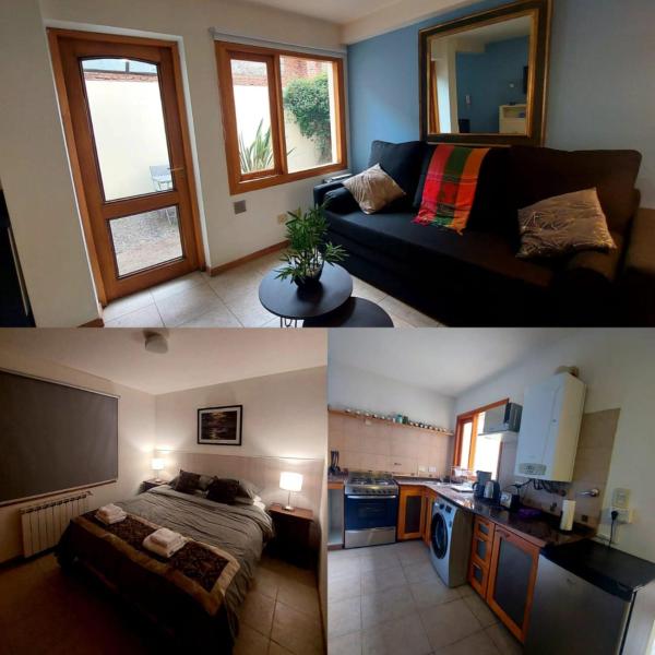 2 fotos de una sala de estar y un dormitorio en Depto Ramayon - amancayalquileres en San Martín de los Andes