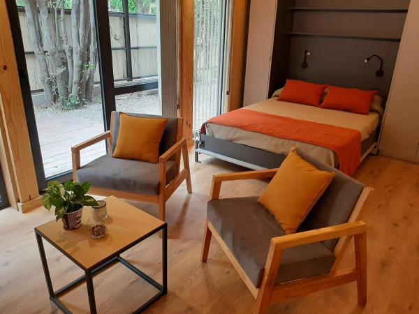 1 dormitorio con 1 cama, 2 sillas y mesa en Monoambiente cálido y modernoso con amplio jardín en el centro de SMA. 2V5 en San Martín de los Andes