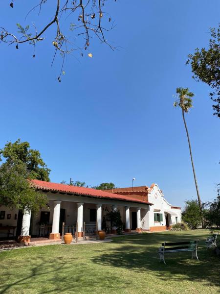 un edificio blanco con una palmera en el patio en Finca La Secundina en Salta