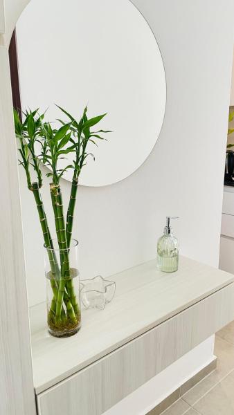 Un mostrador blanco con un jarrón con una planta. en Apart Center Madryn en Puerto Madryn
