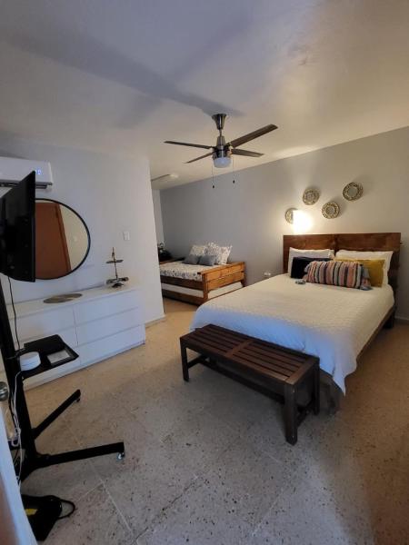 1 dormitorio con 1 cama y TV de pantalla plana en Bee Inn Puerto Rico Charming Urban Apartment in San Juan, en San Juan