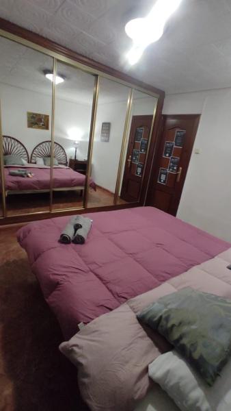 un dormitorio con una gran cama rosa con zapatos.  en Tourist room, en Valencia