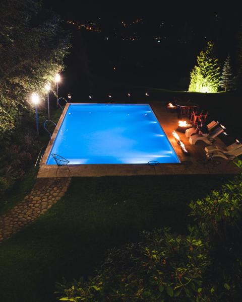 una gran piscina azul por la noche en Rotui Exclusive Apartment en San Martín de los Andes