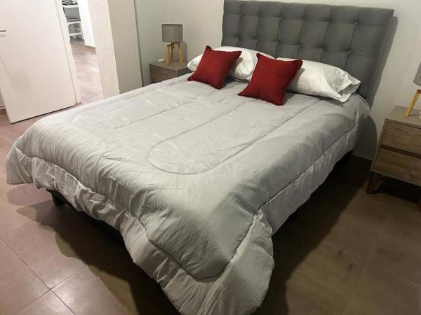 1 cama grande con 2 almohadas rojas. en Departamento zona céntrica MDZ en Mendoza